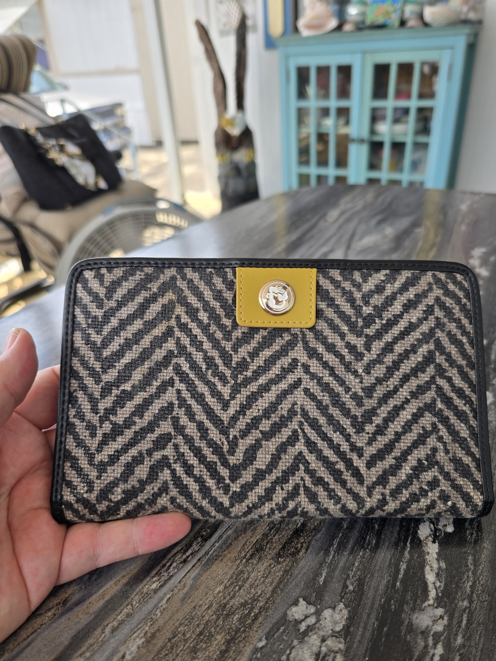 Spartine Daufuskie Island Linen Gray & Black Herringbone & Leather 8x4.75 Wallet